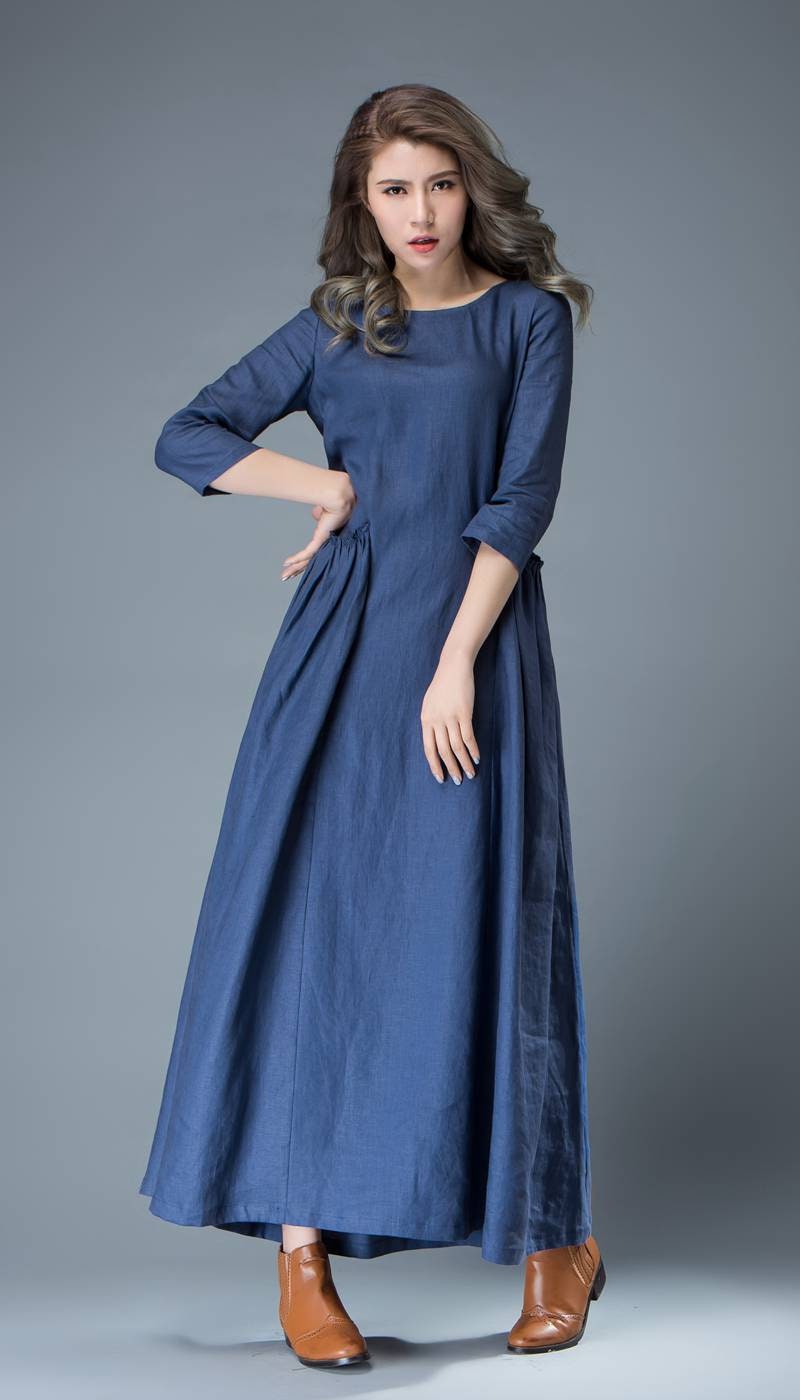 Blue  Linen Shirt Dress Casual Oversize Spring Maxi Dresses main image 0