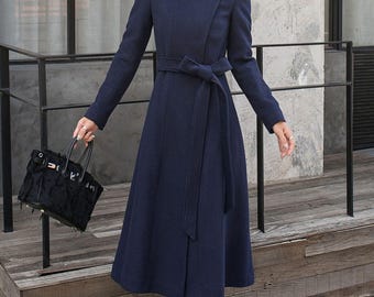 Blue Wool Coat Women, Long Wool Wrap Coat, Asymmetrical Warm Blue Wool Coat Women, Long Wool Wrap Coat, Asymmetrical Warm