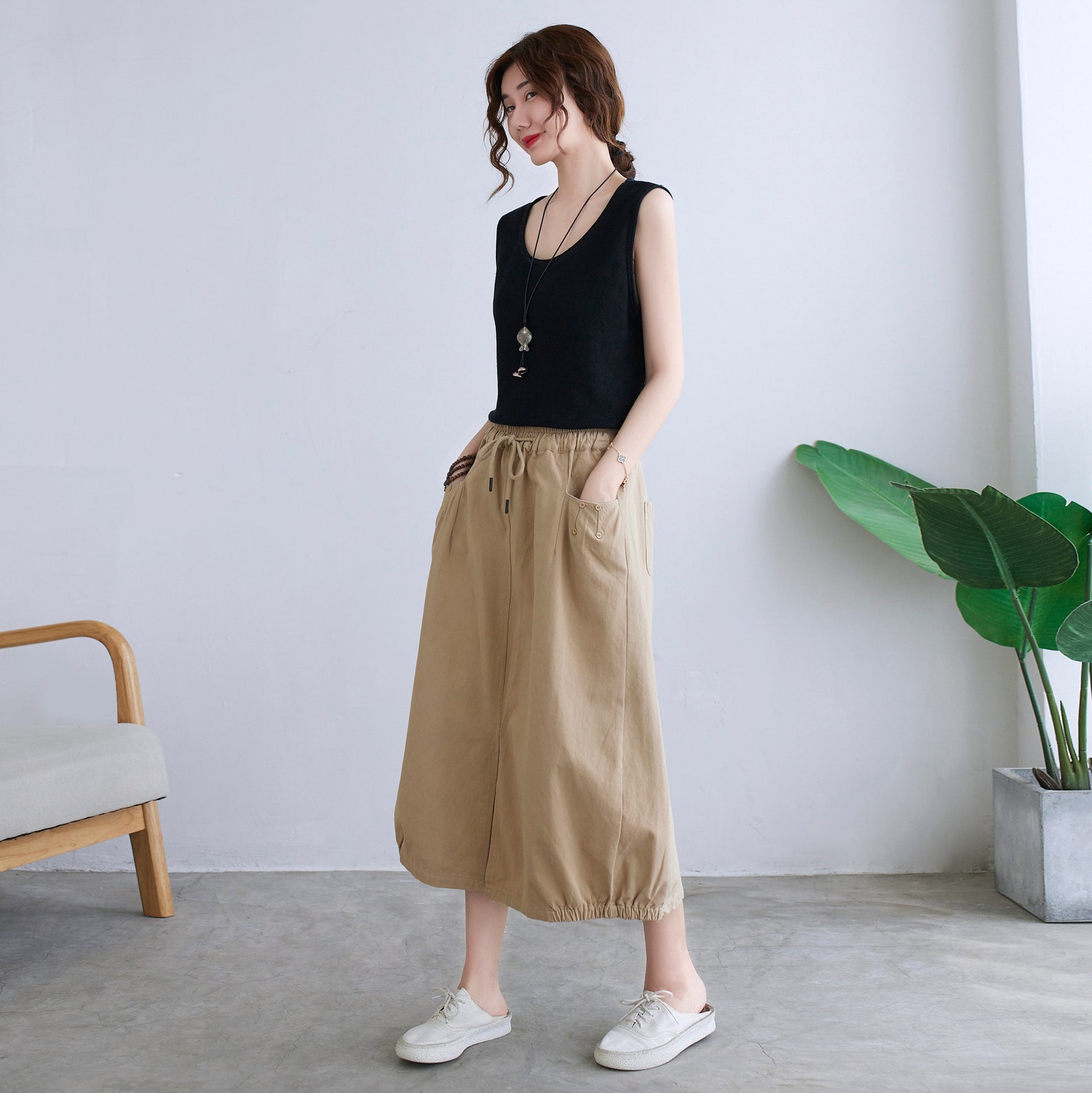 Linen Skirt Khaki Linen Skirt Casual Skirt Elastic Waist Etsy