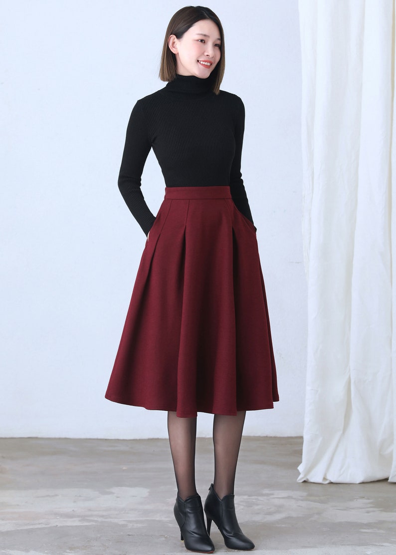 Gray wool skirt, Autumn winter Midi wool skirt, winter skirt women, Gray Wool Skirt with pockets, A Line wool skirt, wool clothing C1003 red