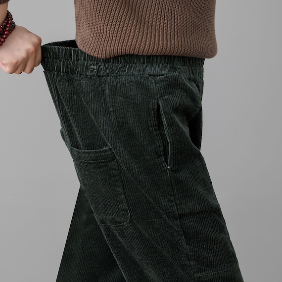 Pantalones casuales de pierna ancha de pana con bolsillo lateral