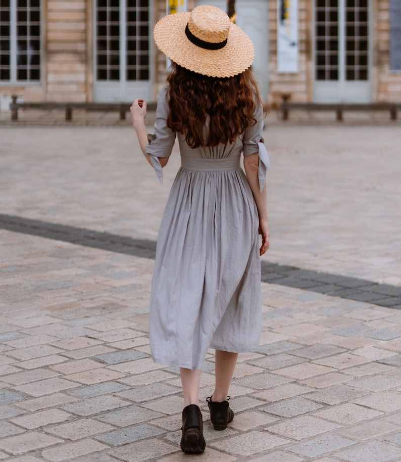 Linen Dress, Deep V neck Linen party Dress, Linen midi dress, button front dress, Womens Linen dress, Customized Linen dress, Ylistyle C2914 imagem 5