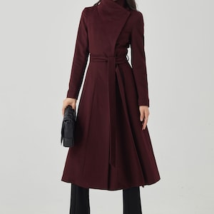 Wool coat women, Winter coat women, green coat, Asymmetrical wool coat, Belted coat, Long wool coat, Autumn Winter outerwear C713 6-wine red