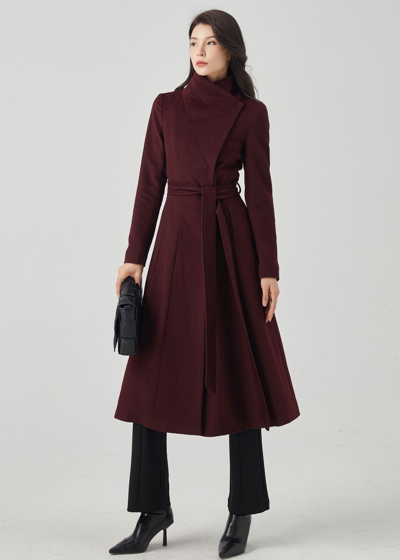 Wool coat women, Winter coat women, green coat, Asymmetrical wool coat, Belted coat, Long wool coat, Autumn Winter outerwear C713 6-wine red