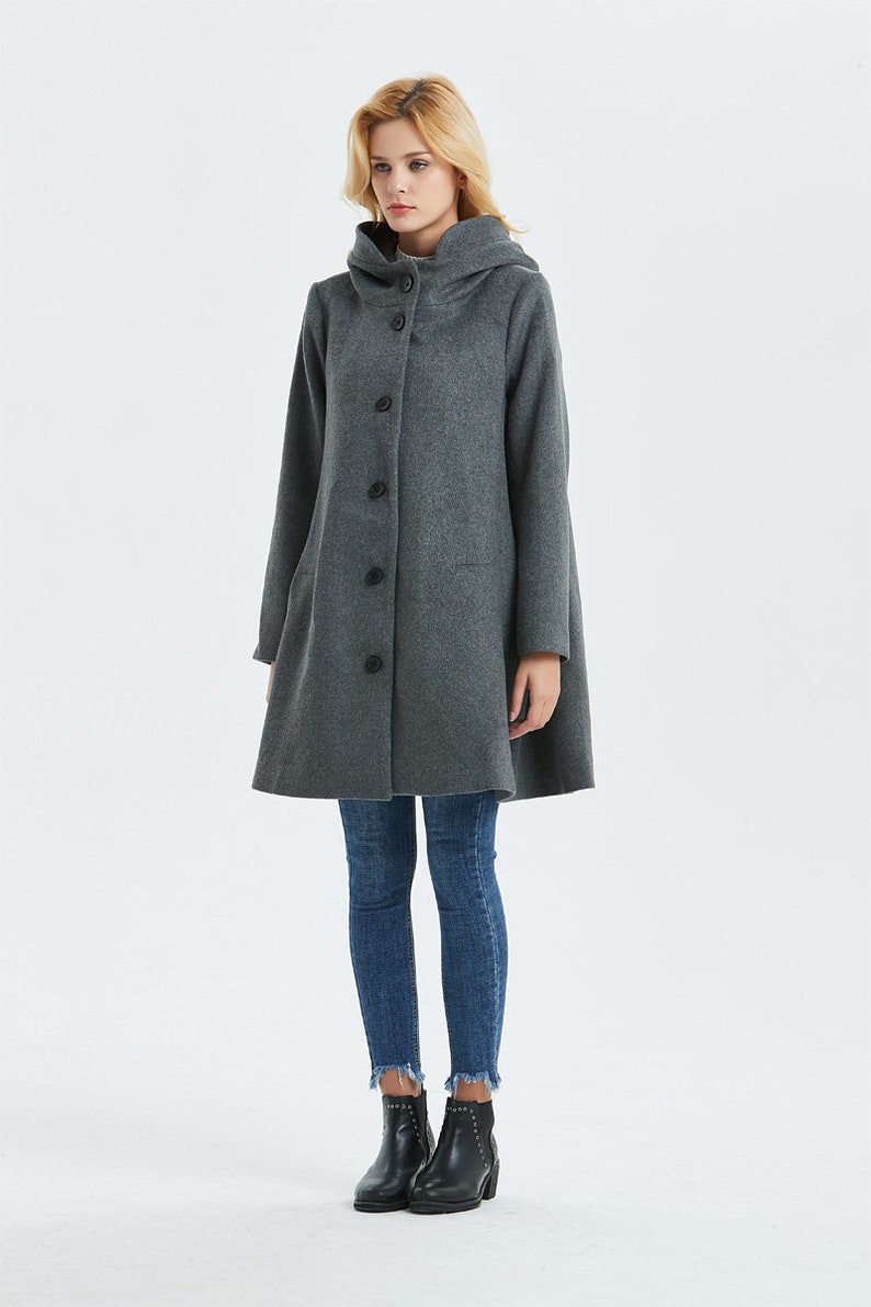 Hooded wool coat, Swing wool coat in Gray, Winter coat women, Warm winter coat, Plus size coat, Classic coat, Custom coat, Ylistyle C1317 image 7