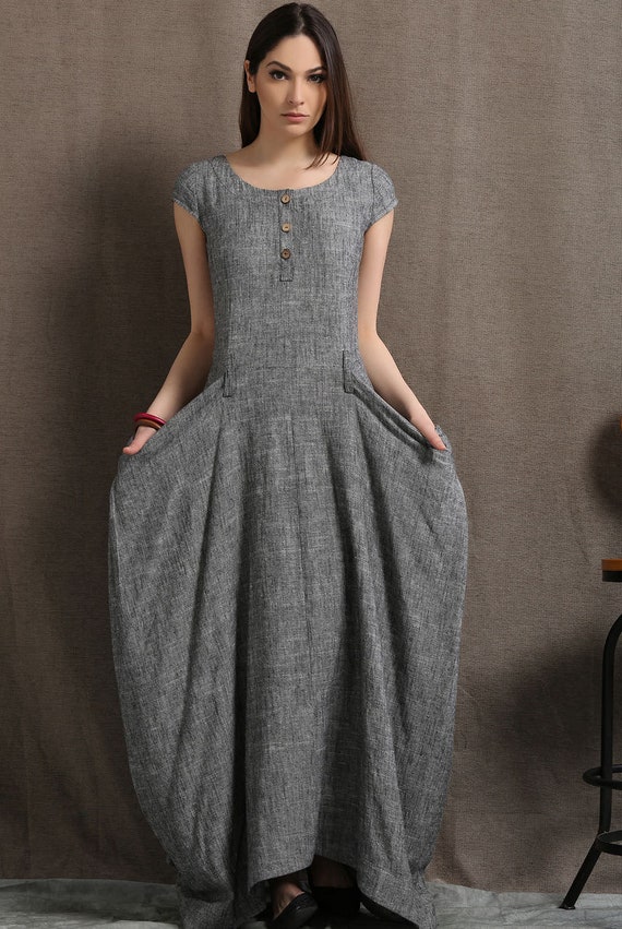 Gray Linen Dress Long Maxi Boho Style Short Sleeved Shift | Etsy