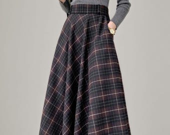 トップス ollun pin check wool gilet long skirt Ladies Check Faux Wool Skirts Tartan A-line Pleated Long
