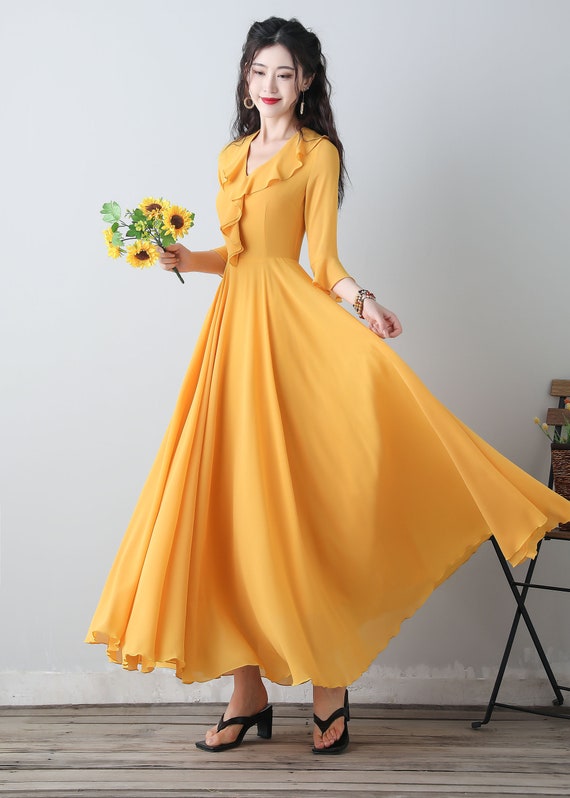Summer Yellow Bridesmaid Dress, Womens Chiffon Maxi Dress, Long Swing Dress,  Fit and Flare Dress, Wedding Guest Dress, Ylistyle C3457 - Etsy