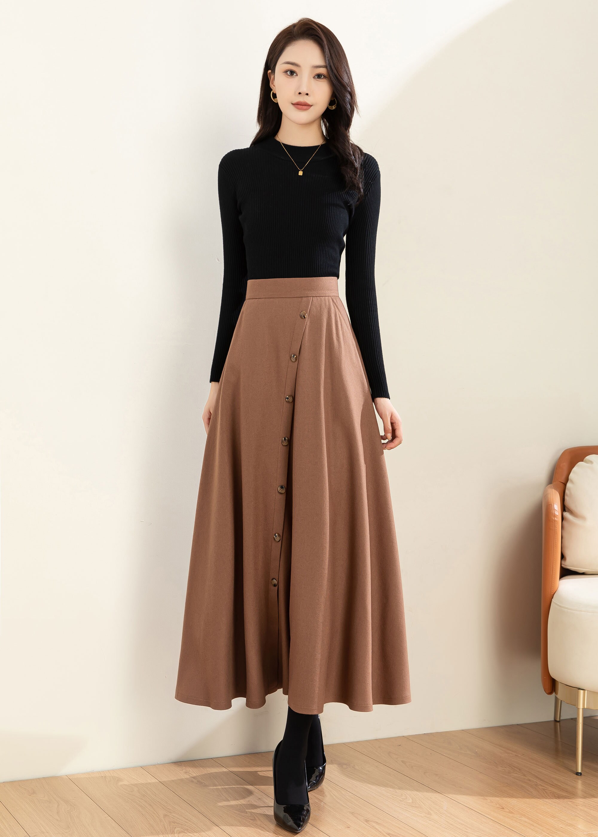 スカート Courreges Brown Wool Midi Skirt With Zip Courrèges Brown Wool Midi Skirt With Zip in Grey | THE LIST