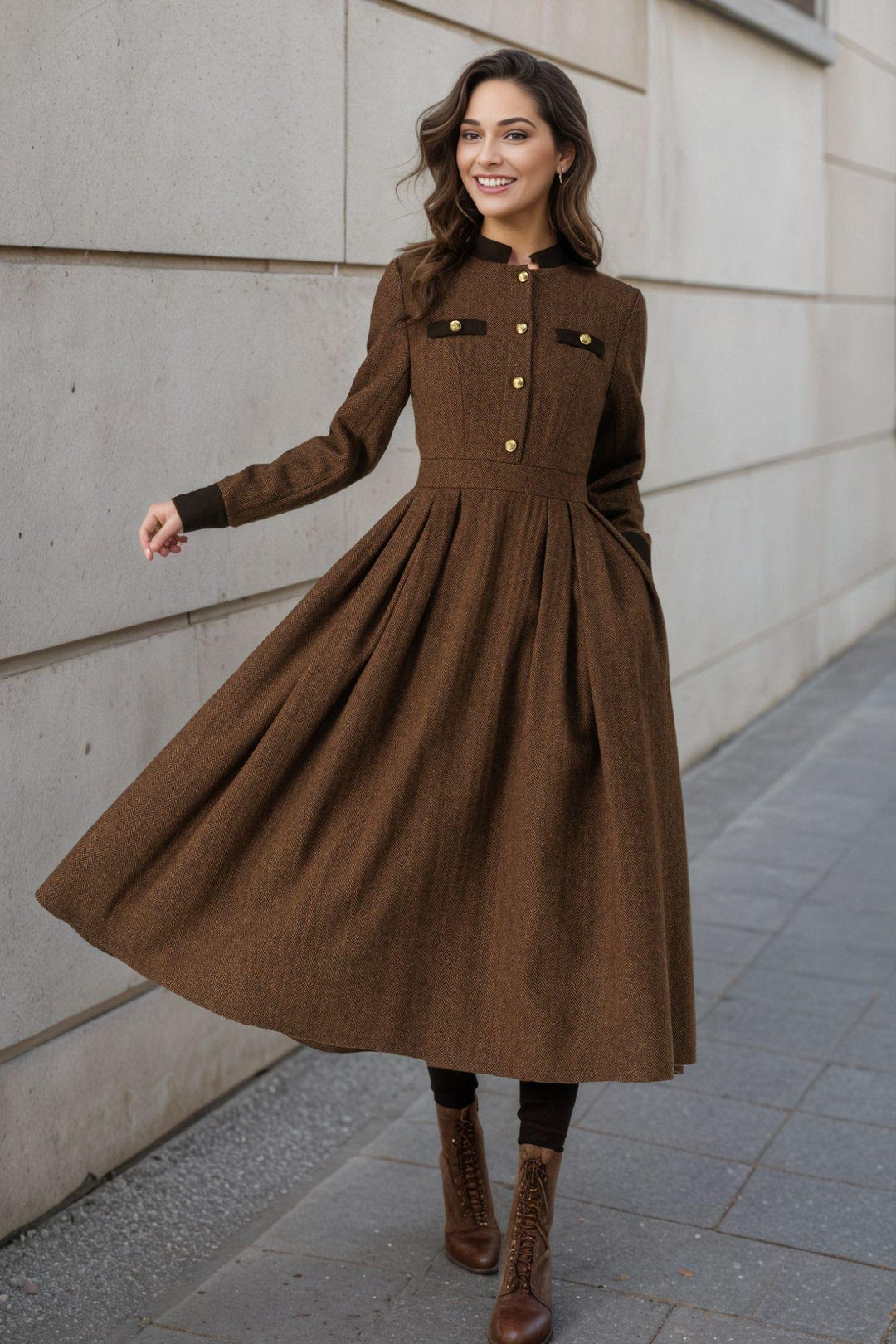 1940s Inspired Wool Midi Dress: Heritage Brown A-Line Winter Dress, Ylistyle C5194#
