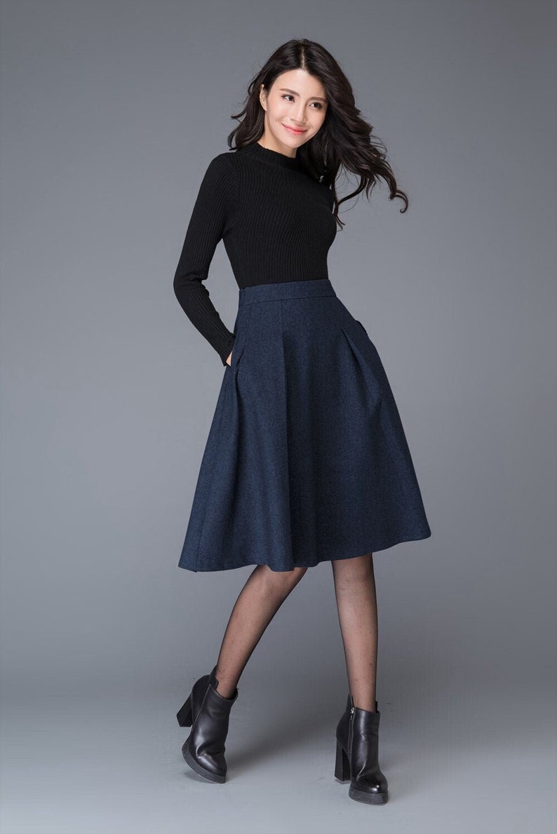 Gray wool skirt, Autumn winter Midi wool skirt, winter skirt women, Gray Wool Skirt with pockets, A Line wool skirt, wool clothing C1003 C2-Blue