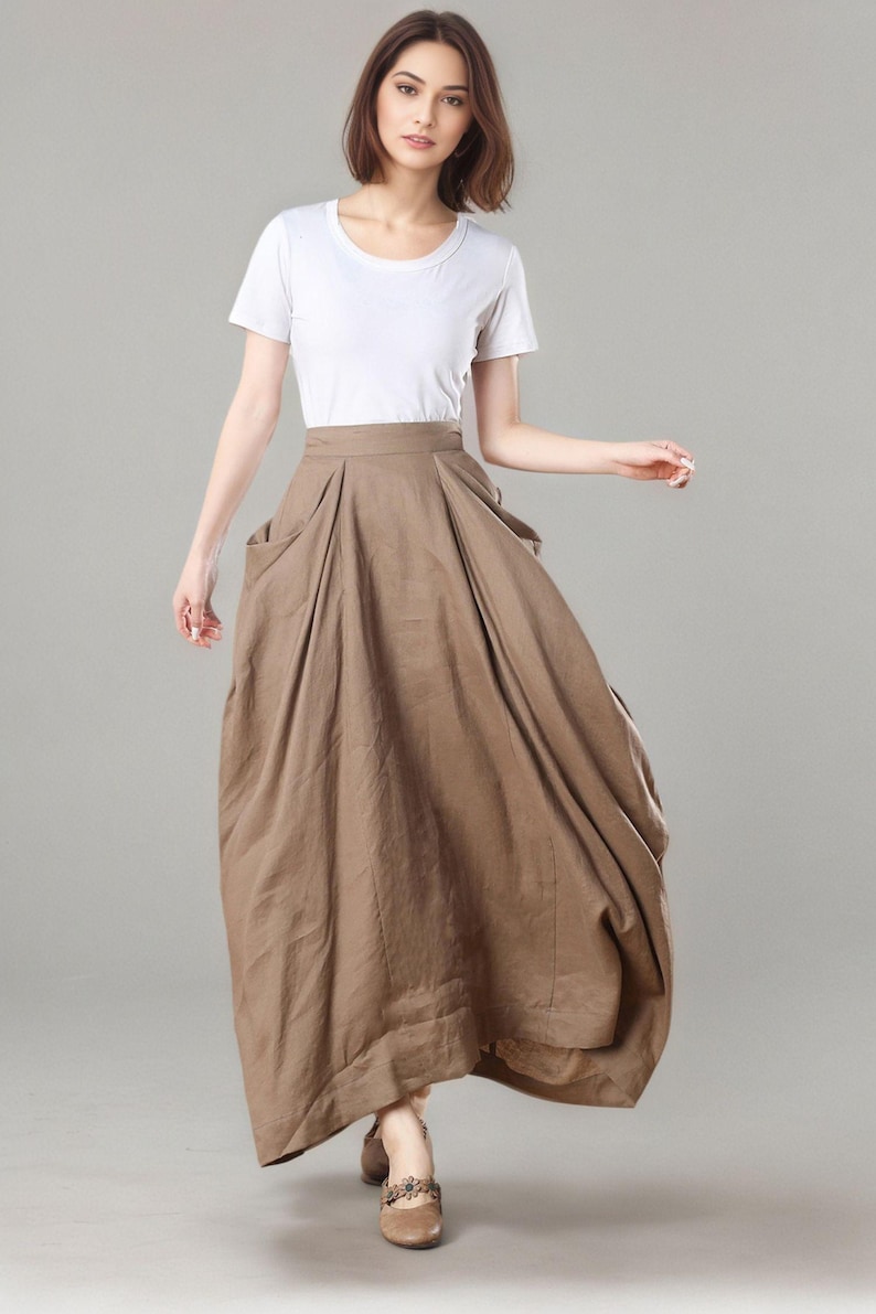 Linen Maxi Skirt, Khaki Asymmetrical Skirt with Pockets, Ylistyle C3272 khaki
