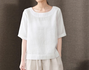 White Linen Blouse, Short Sleeve Summer Top, Plus Size, Ylistyle C2338