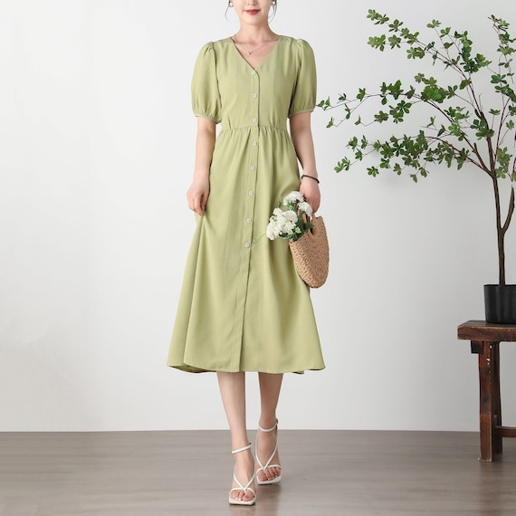 Green Midi Dress, Women's V-neck Dress, Summer A-line Dress