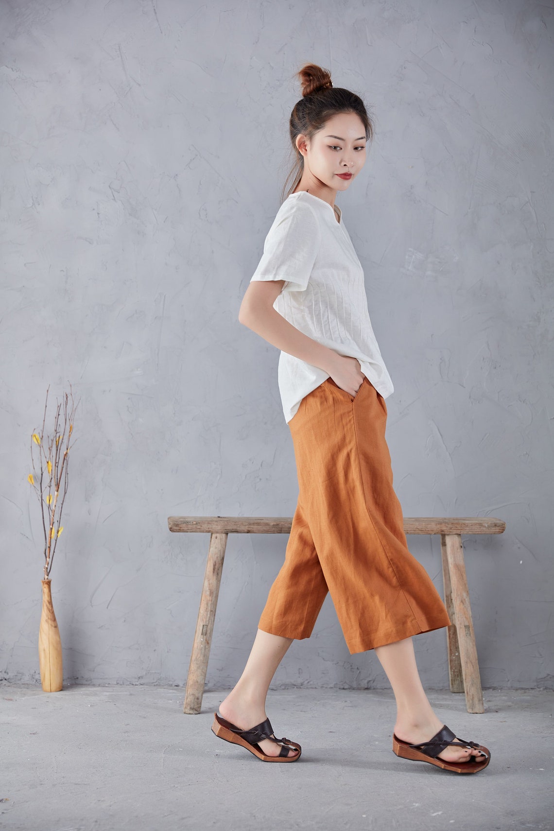 Linen Pants Brown Cropped Pants Wide Leg Pants Casual Etsy