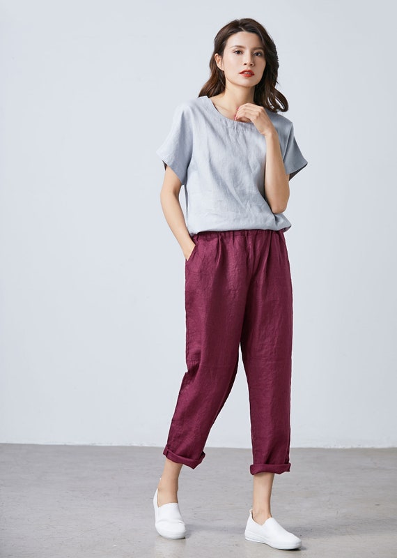 Red Linen Cropped Pants: Tapered Loose Fit with Elastic Waist, Ylistyle C1705