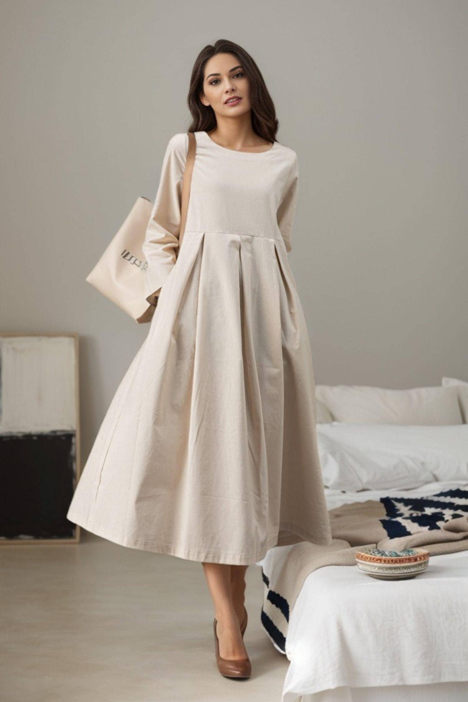 Loose Linen Midi Dress for Women - Long Sleeve A-line Dress With