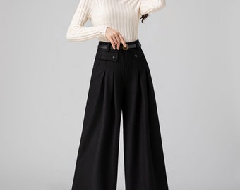 Wide Leg Wool Pants Women, Palazzo Pants, Black Wool Pants