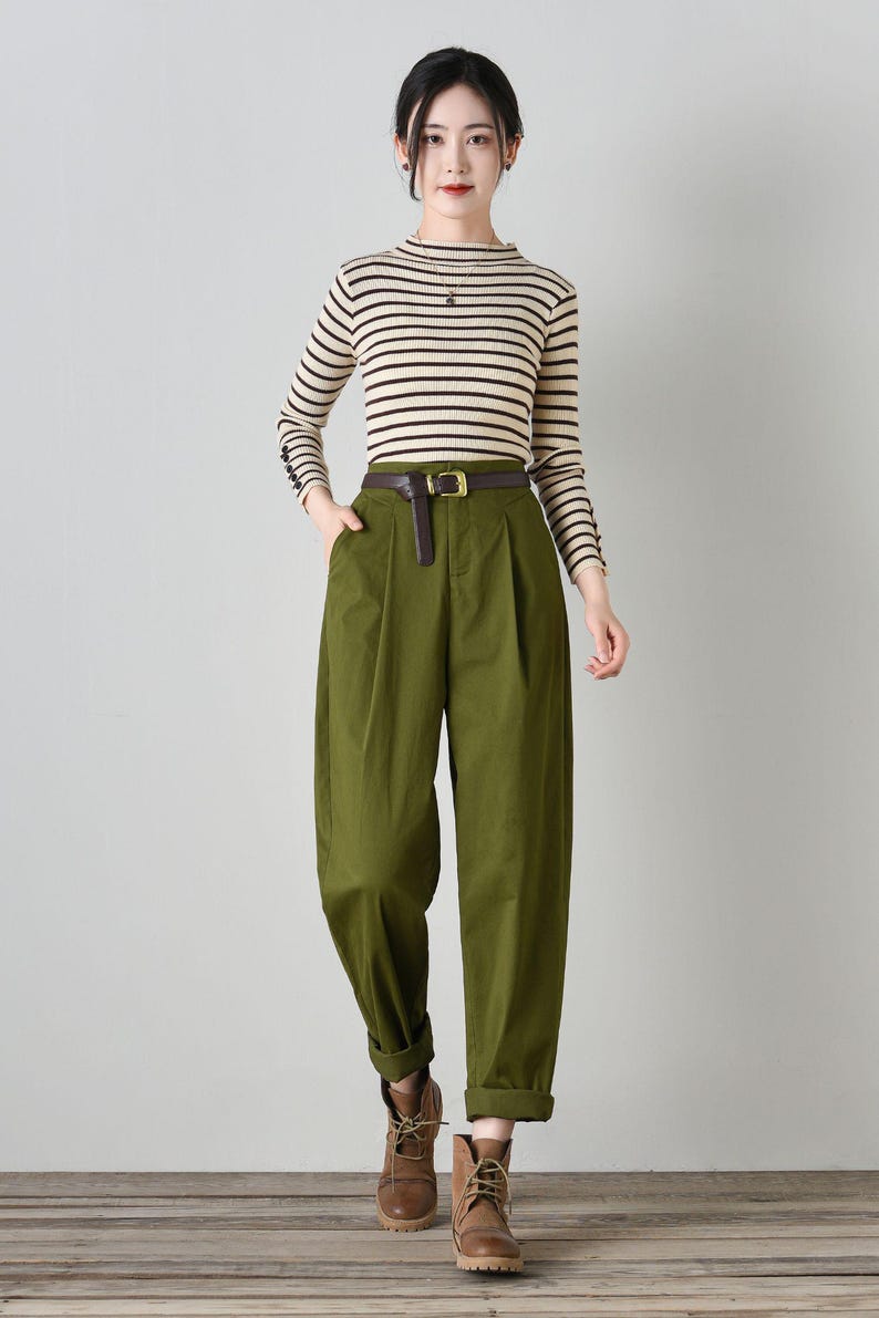 Groene katoenen taps toelopende broek: casual harembroek met elastische taille aan de achterkant, Ylistye C4700 afbeelding 3