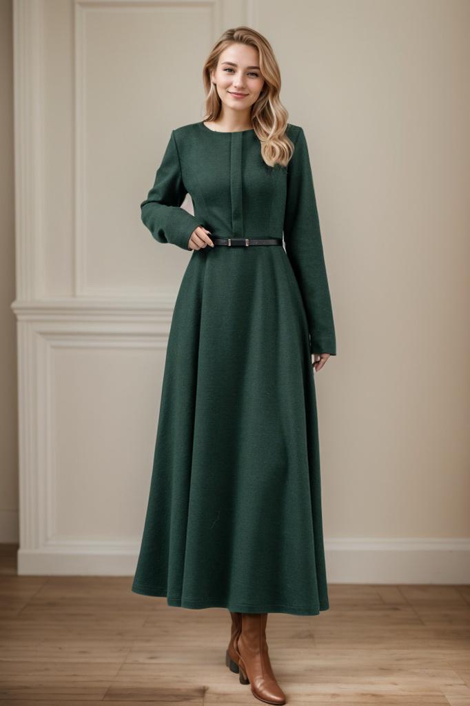 Wool Maxi Dress, Women's Green Wool Dress, Winter Wool Dress