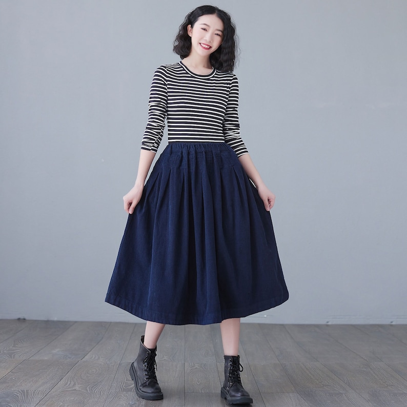 Blue Corduroy Skirt, Midi skirt, High Elastic Waist Skirt, Plus Size Skirt, Pleated Skirt with Pocket, Spring fall Skirt, Causal Skirt C2617 blue