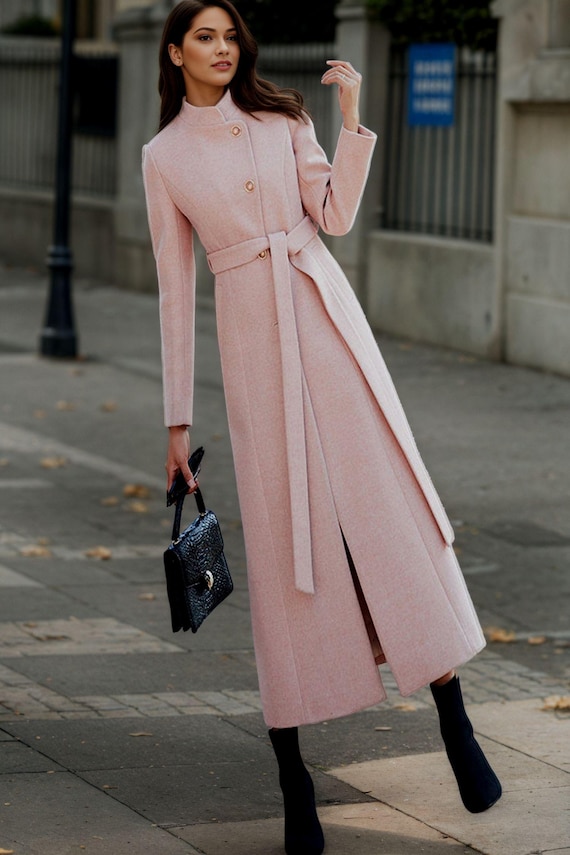 Pink Long Wool Maxi Coat, Women Wool Trench Coat, Winter