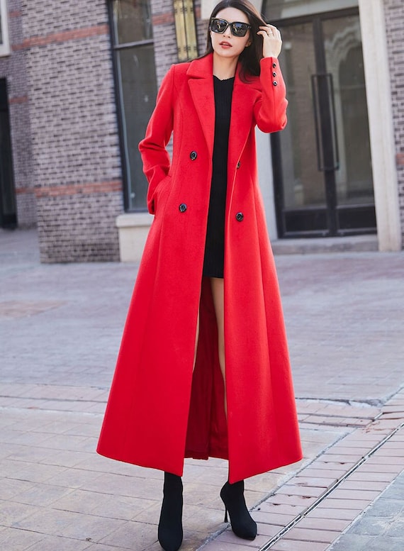 Red Wool Coat, Long Wool Coat, Double-breasted Wool Coat, Belted