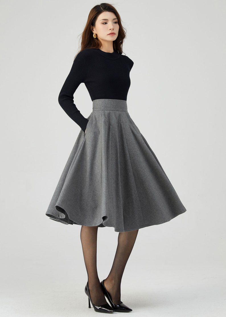 Knee Length Skirt, Wool Skirt Women, Skater Skirt, Pleated Wool Skirt, Gray Skirt, Autumn Skirt, High Waisted Skirt, Made to Order C3549 image 6