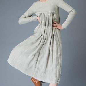 Casual Linen Dress, Light Gray Pleated Dress, Mid-length Long Sleeved Dress, High-Waisted Dress, spring dress wonen, Plus Size Dress C809 image 6