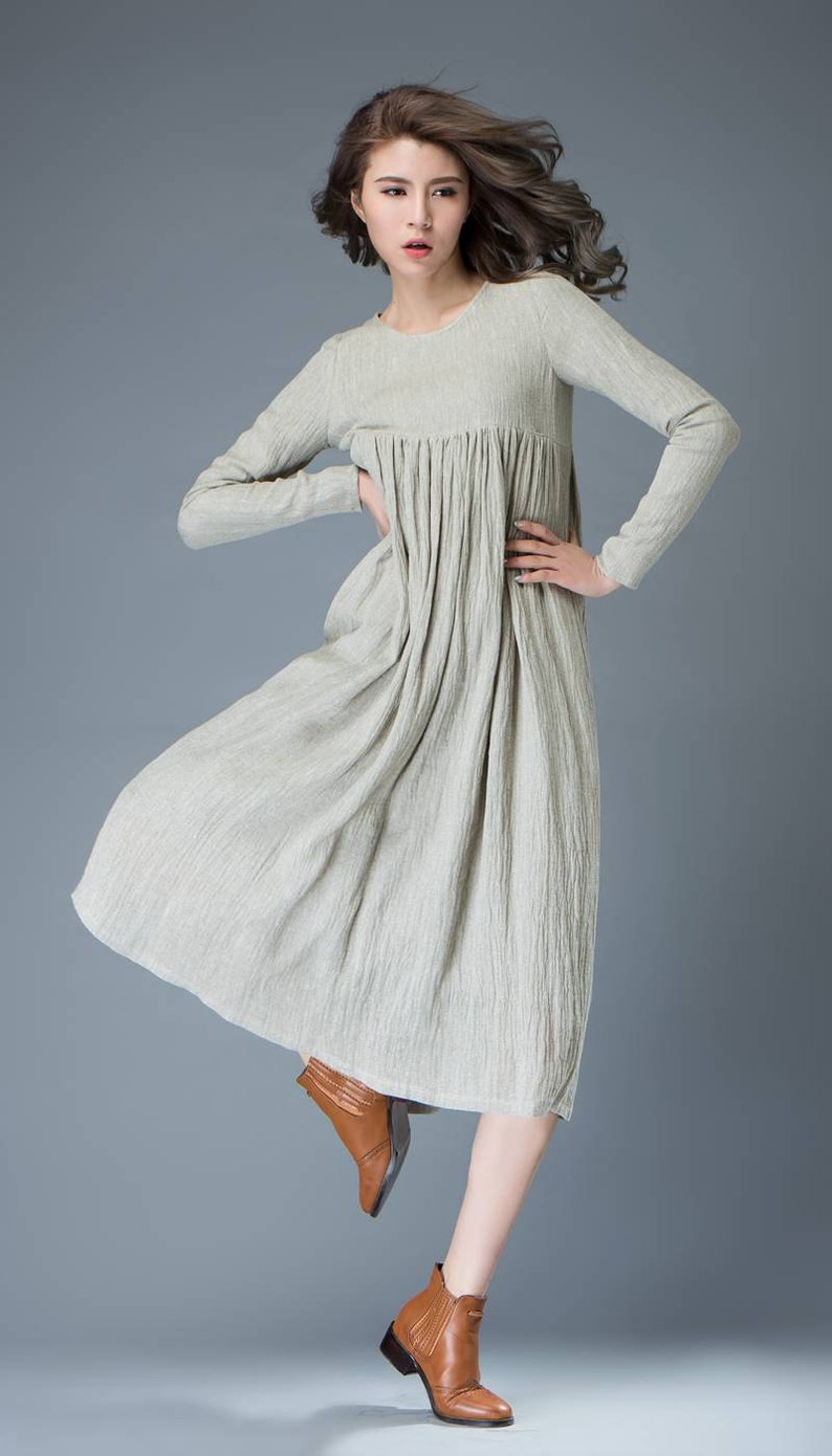 Casual Linen Dress, Light Gray Pleated Dress, Mid-length Long Sleeved Dress, High-Waisted Dress, spring dress wonen, Plus Size Dress C809 image 6