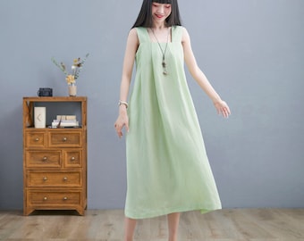 Robe d'intérieur décontractée, Robe droite en lin verte, Robe midi sans manches en lin, Robe d'été en lin pour femme, Robe trapèze décontractée, Ylistyle C2254