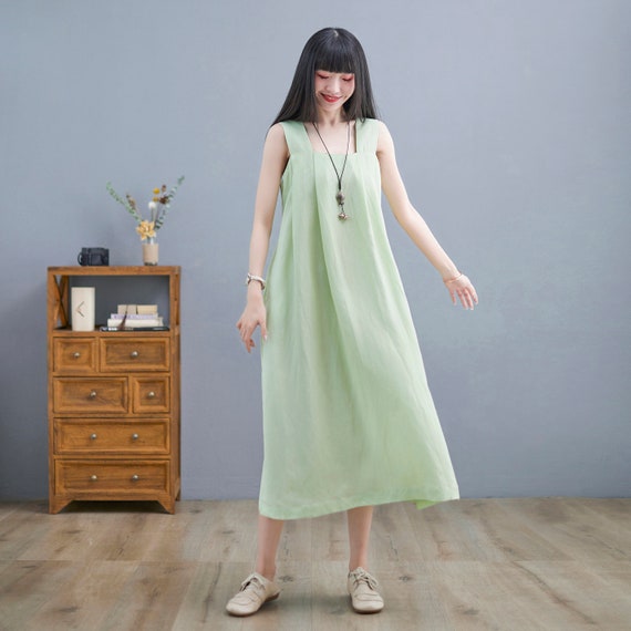 navy blue dress for baby girl Causal house dress, Green Linen shift Dress, Sleeveless Linen Midi Dress,  Womens Summer Linen Dress, Casual A-Line dress, Ylistyle C2254
