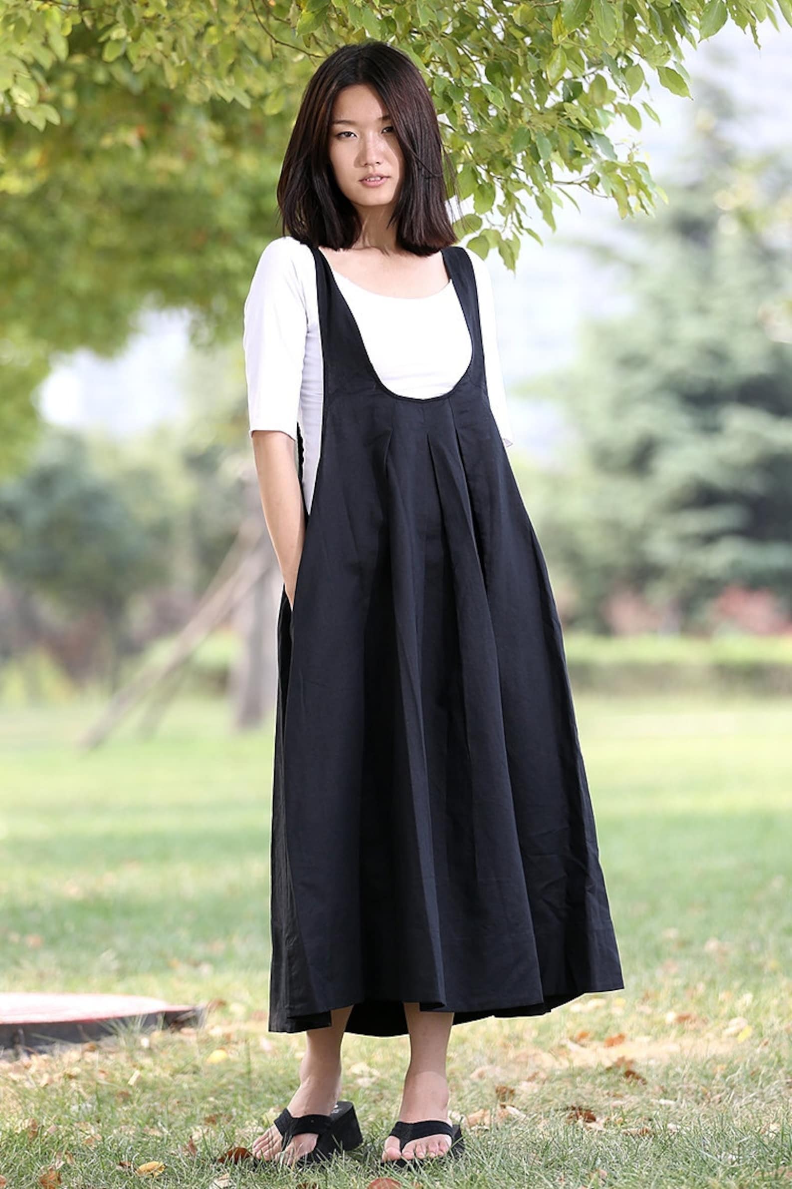 Black Pinafore Dress, Linen Dress, Loosefitting Cool Long Black Maxi