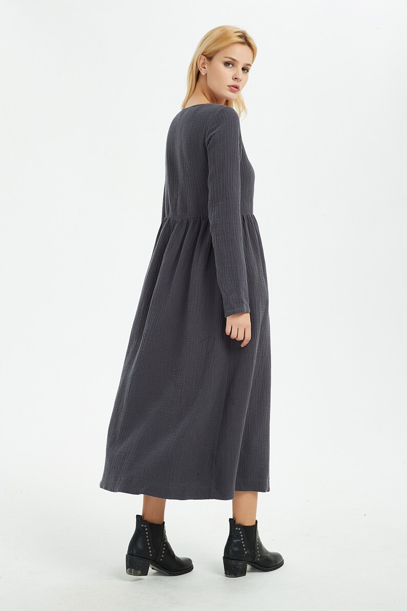 long Linen dress with pockets autumn winter outfit C1368 Casual linen dress Gray dress Maxi Linen dress Linen dress women linen dress