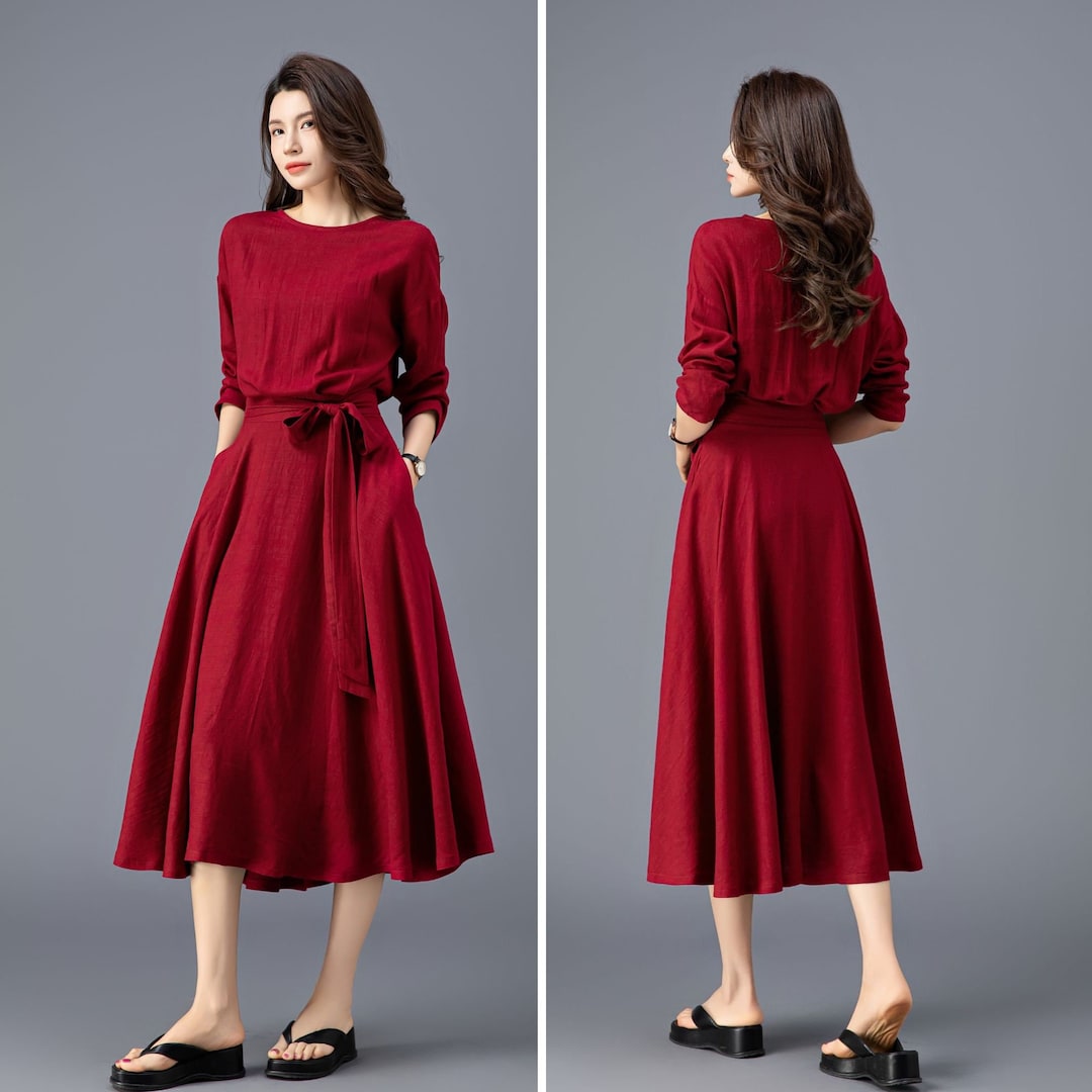 Poly Linen Printed Midi Dress for Women with Belt, Casual Day Dress main image 1