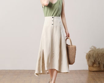 Linen Midi Skirt, Women's Summer Linen Skirt, Button Front