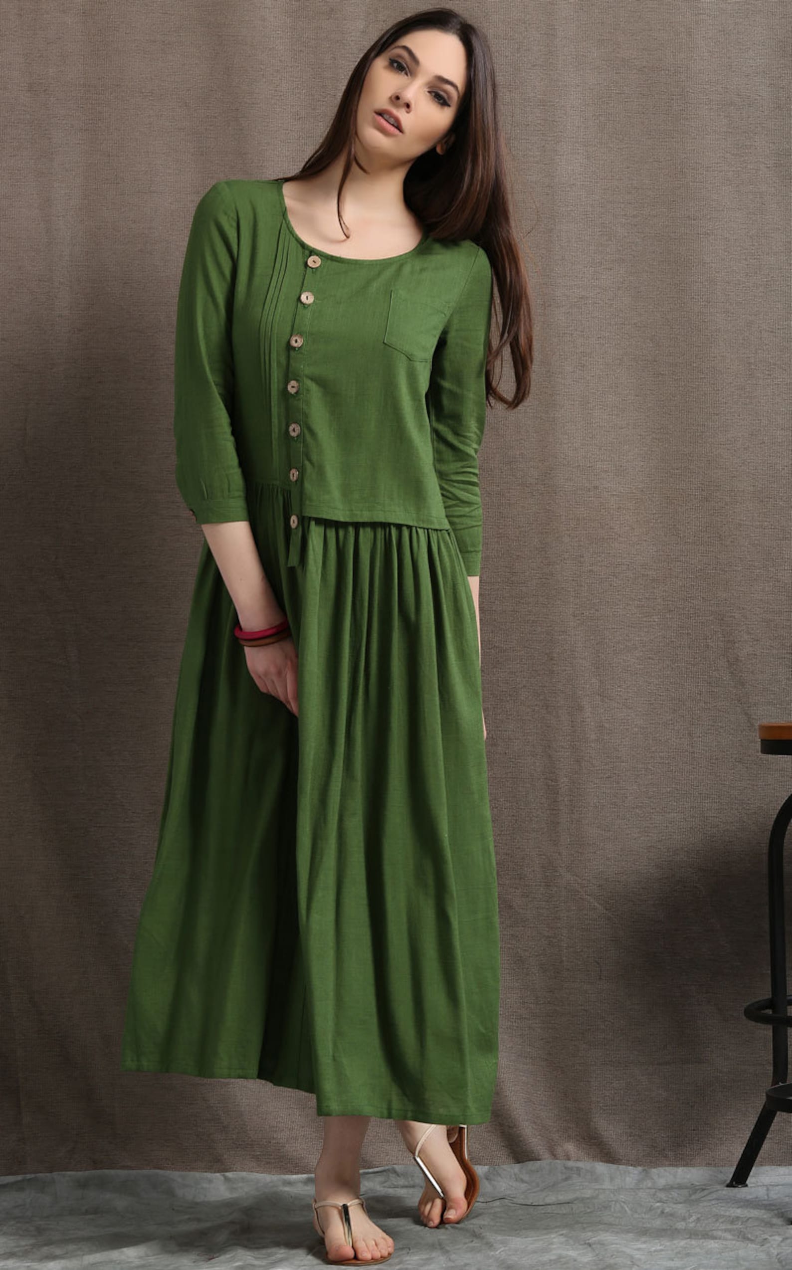 Moxidress Asymmetric Shoulder Back Slit Cotton Linen Maxi Dress main image 1