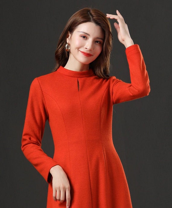 High Neck Cocktail Structured Dress, Stand Collar Wool Dress, Long Sleeve  Office Dresses for Women, Orange Wool Dress, Free Shipping C2376 -   Australia