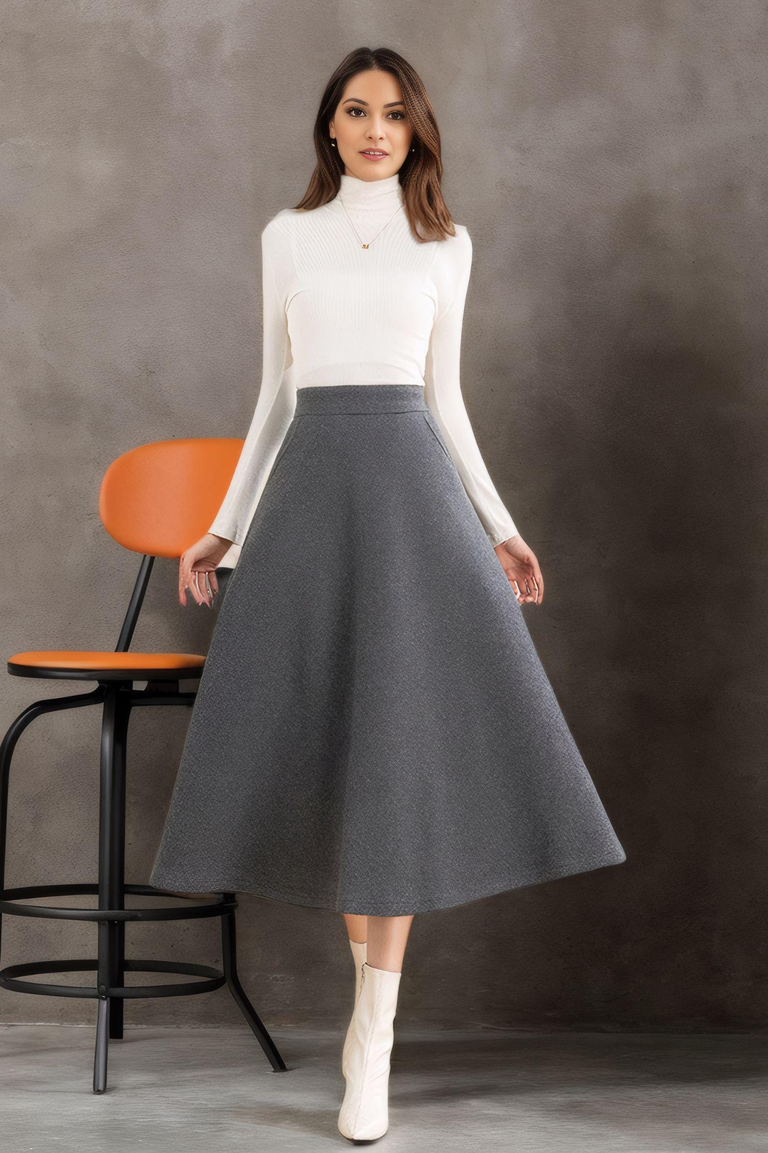 A-line Midi Wool Skirt, Beige Long Wool Skirt, Wool Skirt