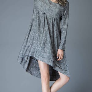 Marl Gray Lagenlook Dress Linen Loose-Fitting Long-Sleeved Round Neck Asymmetrical Dress with Tiered Pleated Hemline C810 image 8