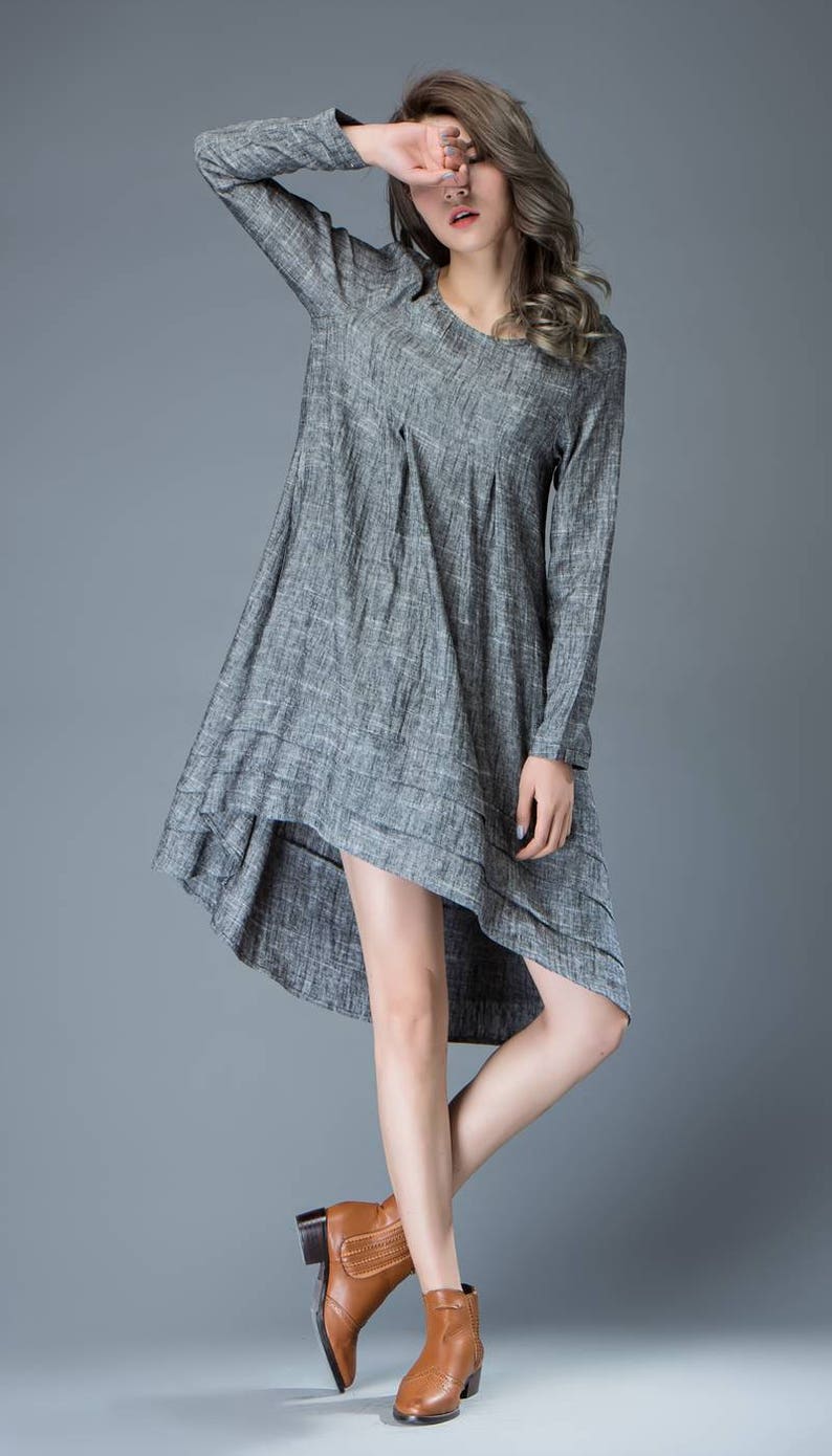 Marl Gray Lagenlook Dress Linen Loose-Fitting Long-Sleeved Round Neck Asymmetrical Dress with Tiered Pleated Hemline C810 image 8