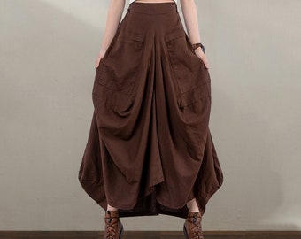 Falda de lino, falda Maxi de lino, falda de lino asimétrica, falda de lino largo, falda de verano, falda de lino marrón, falda de mujer, falda hecha a mano C062