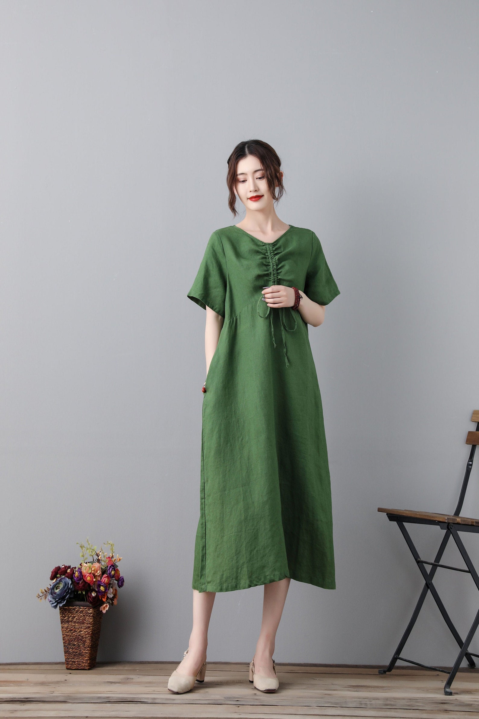 Linen Green Dress Midi Dress Causal Dress Long Dress With Etsy