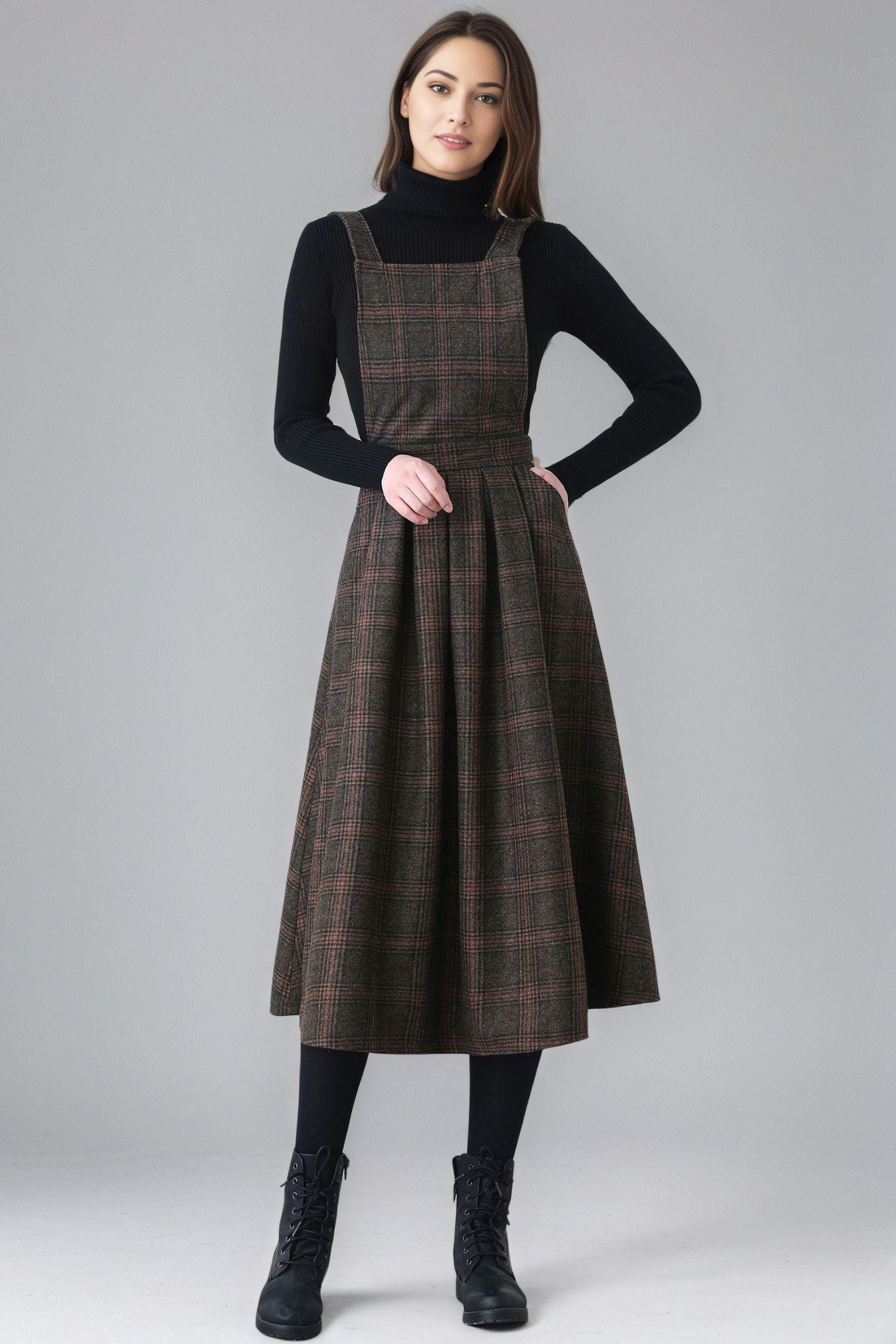 Pink Plaid Dress Aesthetic Plaid Wool Pinafore Dress: Fit Flare Midi  Ylistyle C5151
