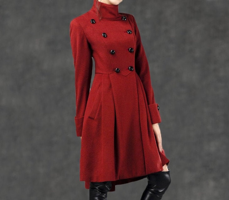 Asymmetrical Military wool Coat, Winter coat women, Fit-and-Flare Wool Coat with Cinched Waist, womens coat with Large Turn-Back Cuffs C2592 image 5