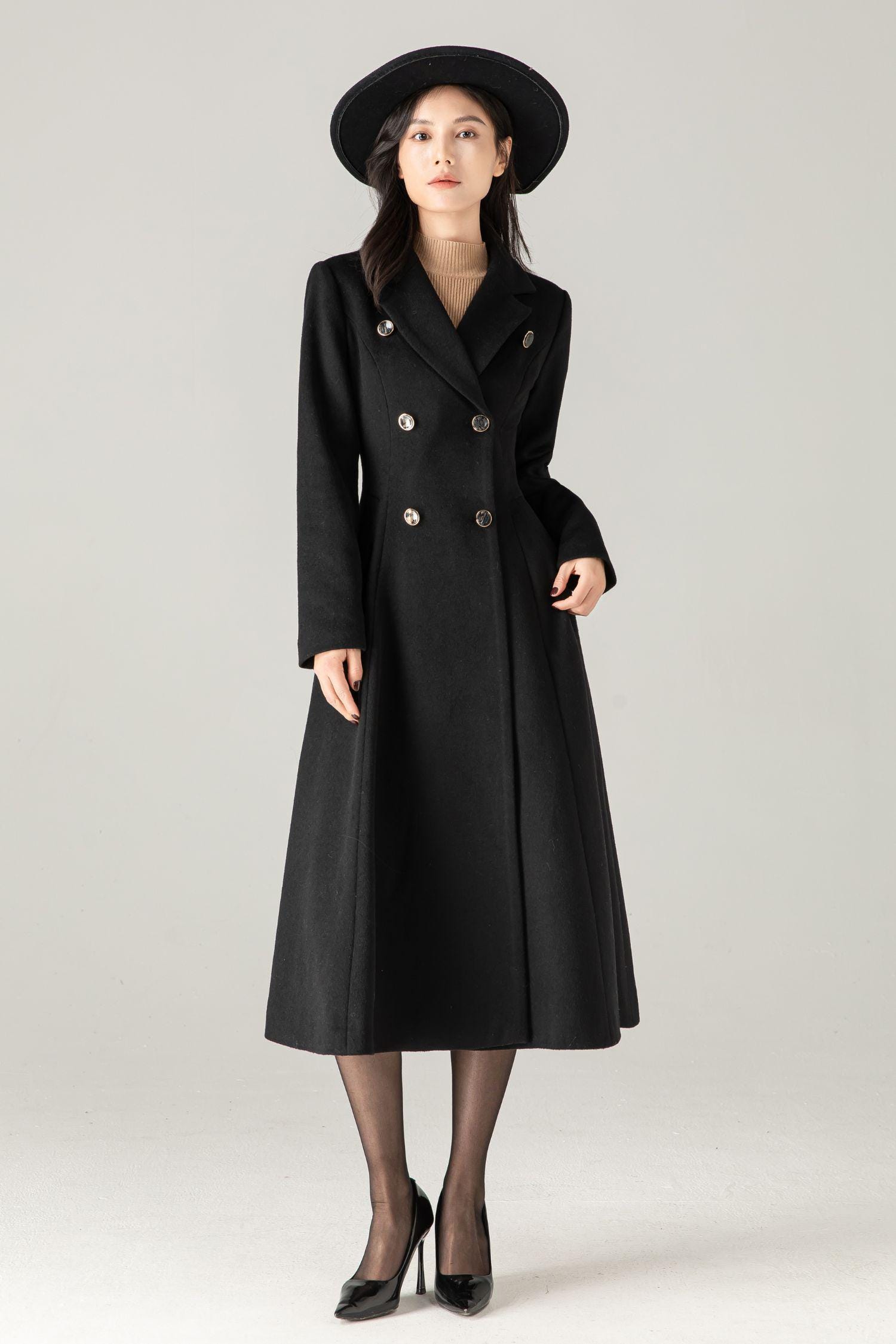 Black Wool-blend Maxi Coat: Double-breasted Belted Swing Overcoat