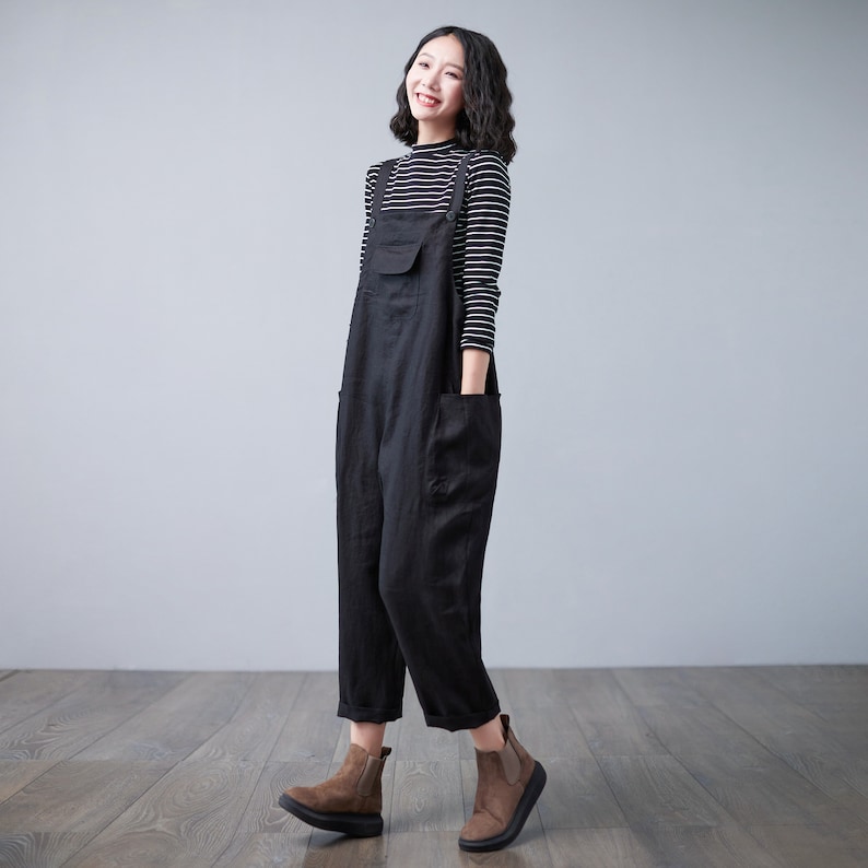 Black Linen Overalls Women Plus Size Overalls Linen Etsy