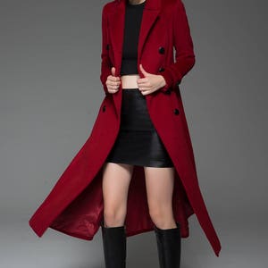 Classic Red Coat Wool Long Full Length Fitted Slim Tailored Double-Breasted Woman's Coat with Black Buttons & Double Lapels C741 image 4