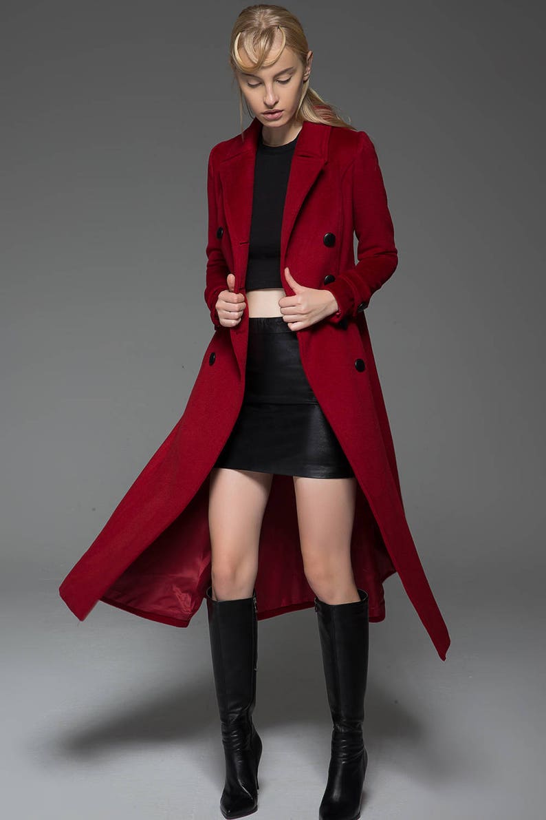 Classic Red Coat Wool Long Full Length Fitted Slim Tailored Double-Breasted Woman's Coat with Black Buttons & Double Lapels C741 image 4