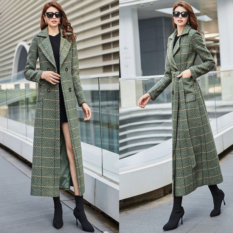 Green Plaid Wool Coat, Long Wool Coat, Winter Coat Women, Belted Wool Coat, Wool trench coat, Warm Wool Coat, Custom Coat, Ylistyle C3031 image 9